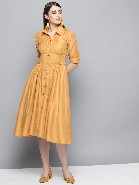 

Label Ritu Kumar Women Yellow Solid Shirt Dress