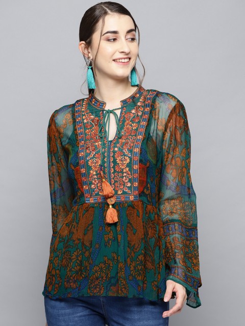 

Label Ritu Kumar Women Green & Mustard Brown Printed A-Line Top