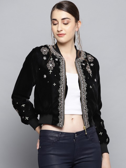 

Label Ritu Kumar Women Black Embroidered Velvet Finish Bomber Jacket