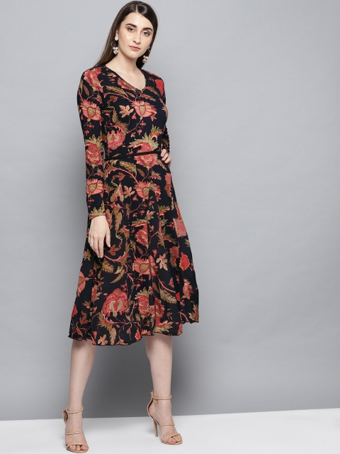 

Label Ritu Kumar Women Navy Blue & Red Floral Printed Fit & Flare Dress