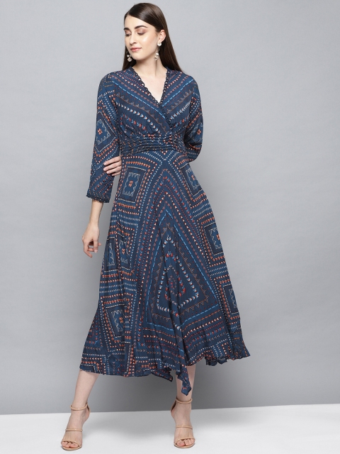 

Label Ritu Kumar Women Navy Blue & Orange Printed Wrap Dress