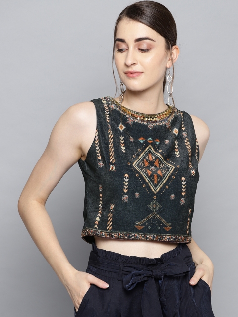 

Label Ritu Kumar Women Charcoal Grey Velvet Finish Printed Crop Top