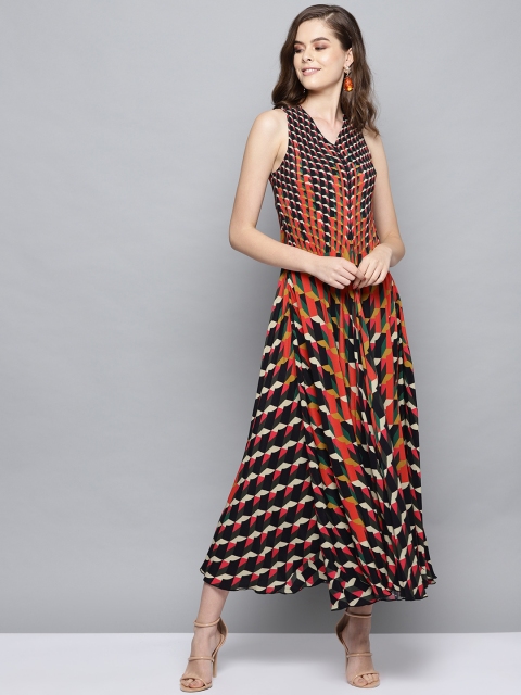 

Label Ritu Kumar Women Black & Coral Orange Printed Maxi Dress