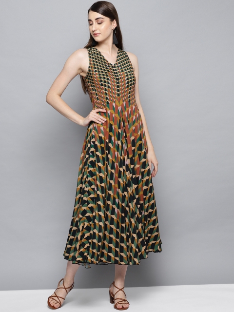 

Label Ritu Kumar Women Orange & Green Printed A-Line Dress