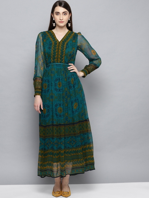 

Label Ritu Kumar Women Teal Blue & Mustard Brown Printed Maxi Dress