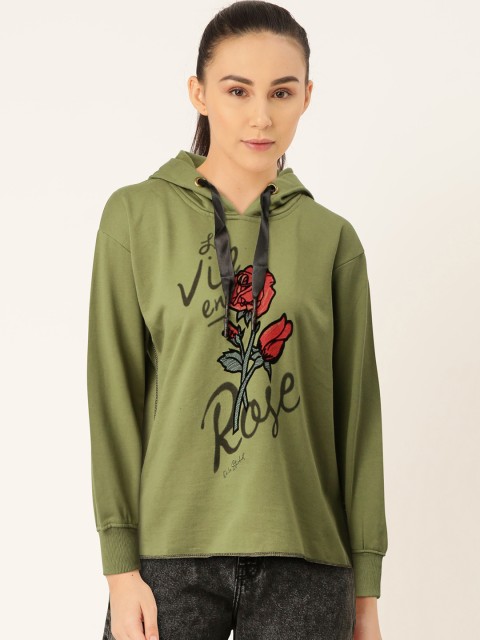 

Duke Women Olive Green Printed Hooded Sweatshirt