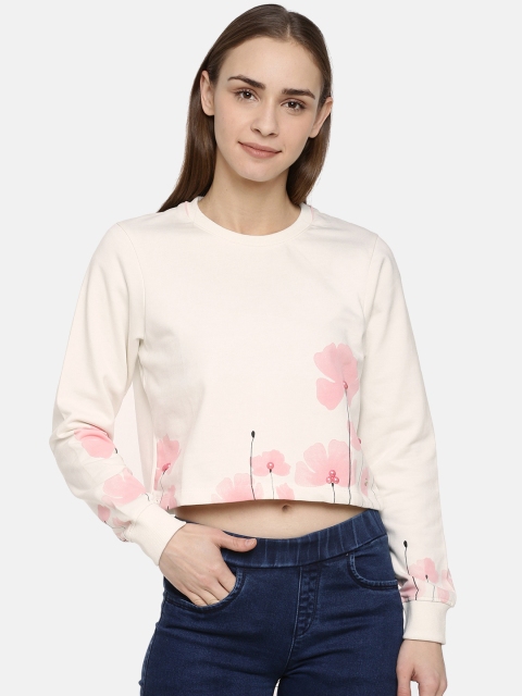 

Duke Women Off-White & Pink Printed Cropped Pullover Sweatshirt