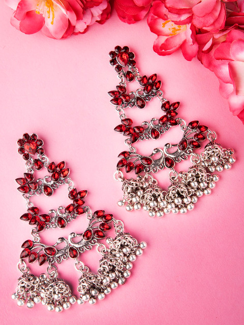

Rubans Women Silver-Plated Red Feather Shaped Jhumkas