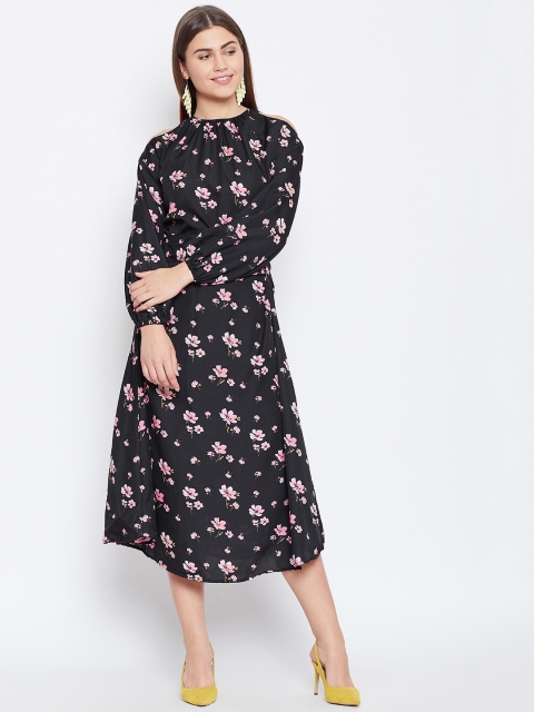 

Alsace Lorraine Paris Women Black & Pink Floral Print Cold-Shoulder A-Line Dress