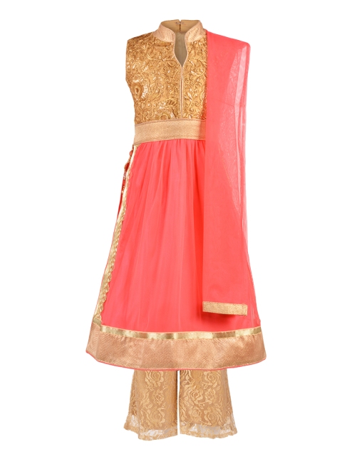 

Aarika Girls Coral Orange & Beige Embroidered Kurta with Palazzos & Dupatta