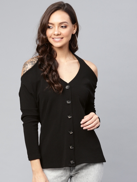 

Femella Women Black Halter Neck Solid Regular Top