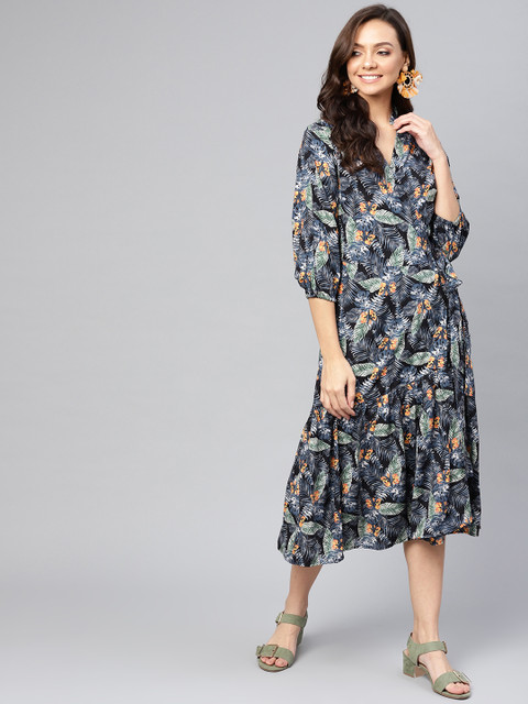 

Femella Women Black & Navy Blue Tropical Print Wrap Dress