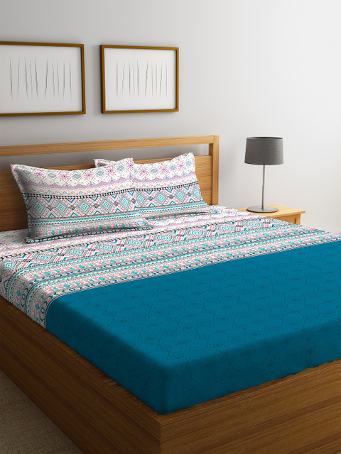 

Portico New York Teal Green & White 210 TC Cotton 1 King Bedsheet with 2 Pillow Covers