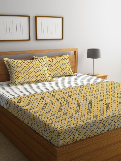 

Portico New York Mustard Yellow & White 210 TC Cotton 1 King Bedsheet with 2 Pillow Covers