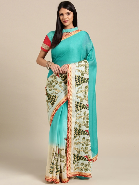 

Chhabra 555 Turquoise Green & Cream-Coloured Dyed Saree