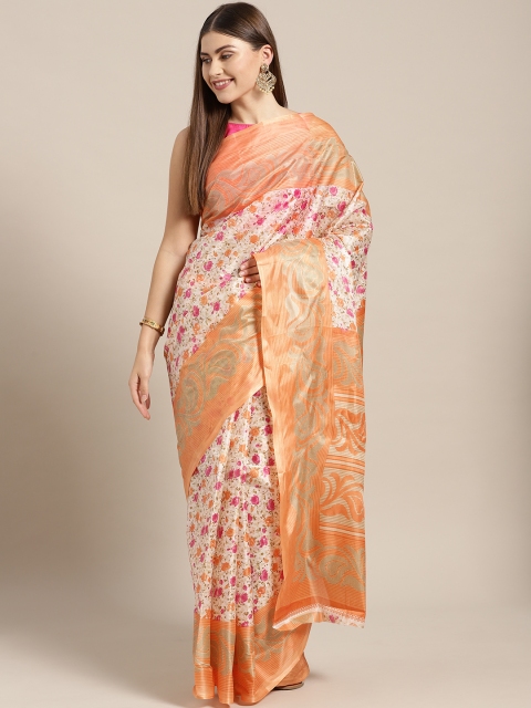 

Chhabra 555 Off-White & Orange Poly Silk Printed Bhagalpuri Saree