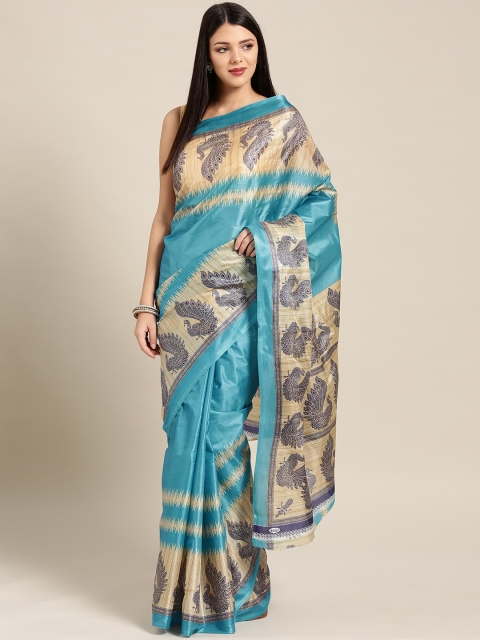 

Chhabra 555 Blue & Beige Printed Bhagalpuri Saree