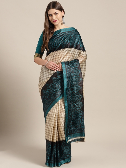 

Chhabra 555 Beige & Teal Green Checked Bhagalpuri Saree