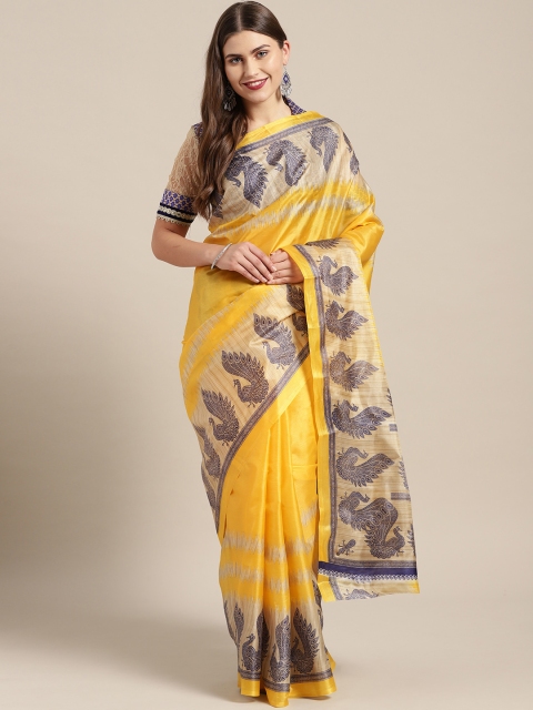 

Chhabra 555 Women Yellow & Navy Blue Printed Bhagalpuri Saree