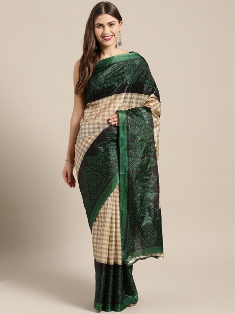 

Chhabra 555 Green & Beige Checked Bhagalpuri Saree