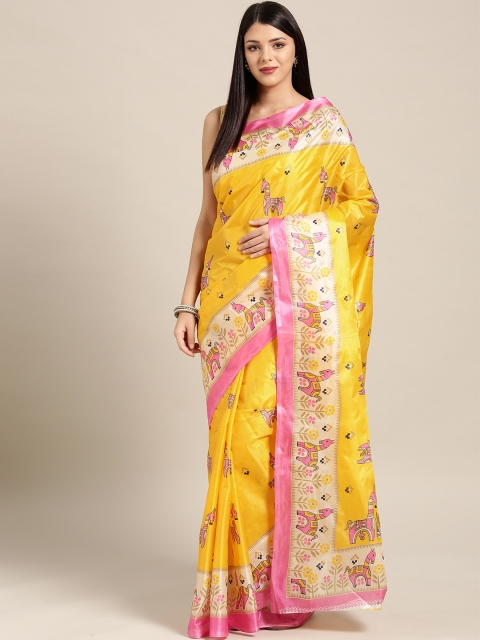 

Chhabra 555 Yellow & Pink Printed Bhagalpuri Saree