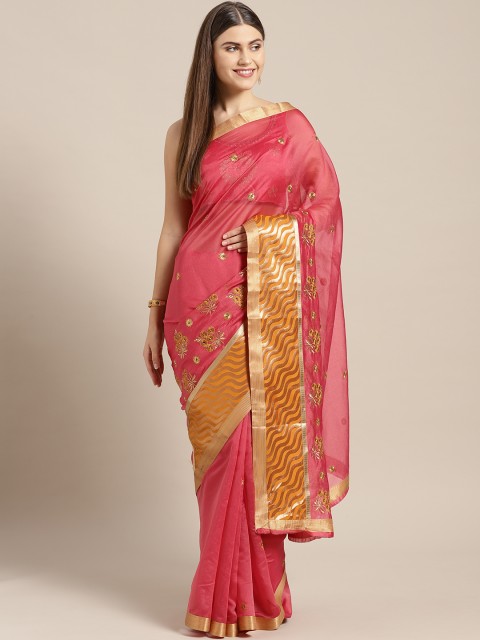 

Chhabra 555 Pink & Golden Resham Embroidered Saree