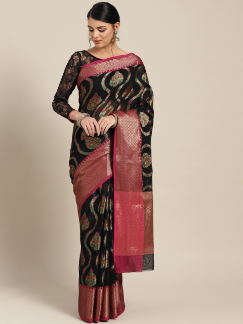 

Chhabra 555 Black & Pink Woven Design Chanderi Saree with Resham & Zari Work