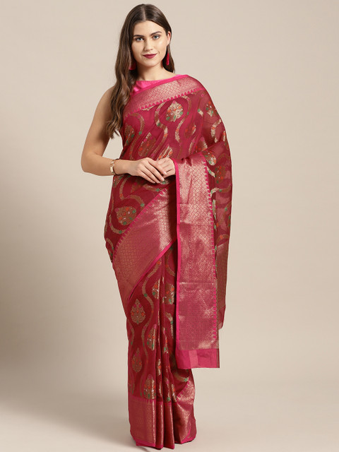 

Chhabra 555 Maroon & Golden Resham Zari Meenakari Woven Design Chanderi Saree