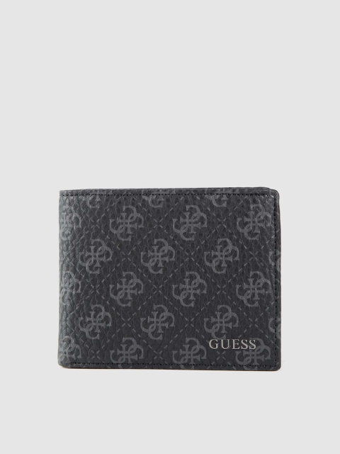 

GUESS Men Black & Charcoal Grey Printed Leather Two Fold Wallet