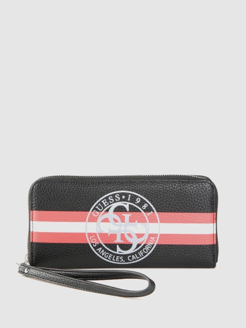 

GUESS Women Black & Red Printed Zip Around Wallet with Striped Detail