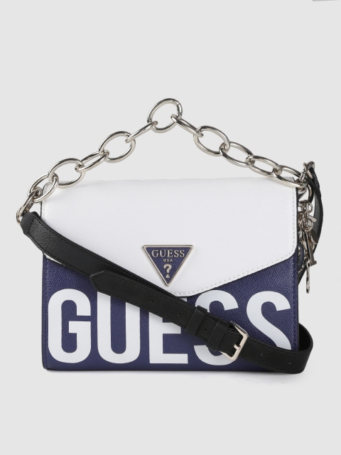 

GUESS White & Navy Printed Satchel Bag