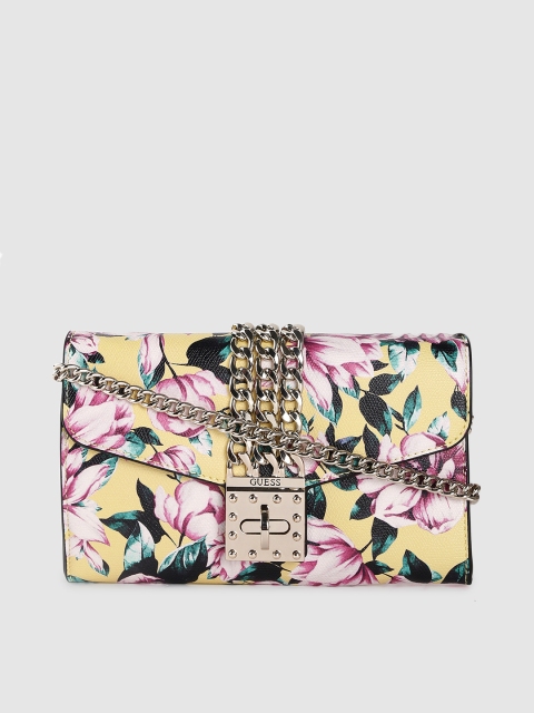 

GUESS Yellow & Green Printed Envelope Clutch with Embellished Detail