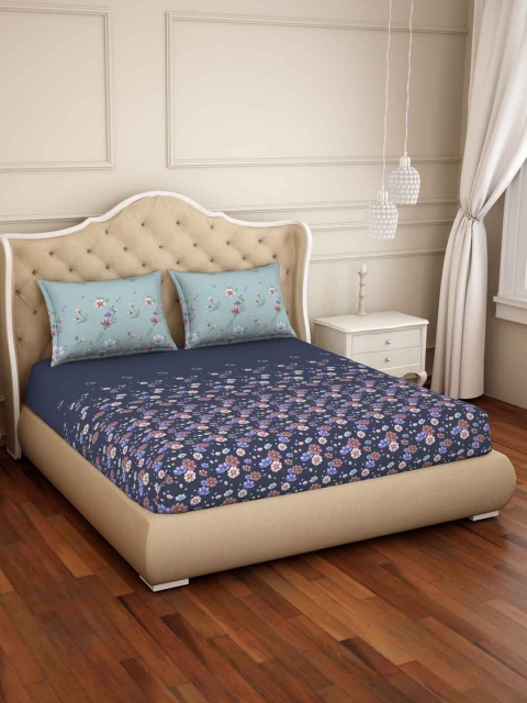 

SPACES Purple & Green Floral 180 TC Cotton 1 Queen Bedsheet with 2 Pillow Covers