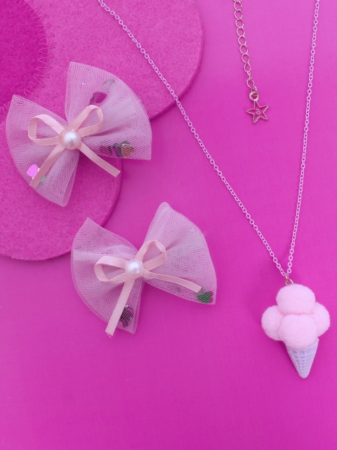

lil' star Girls Set of Bow Shaped Hairclips & Cone Shaped Pendant With Chain, Pink