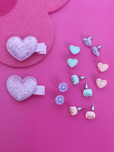 

lil' star Girls Set of Heart Shaped Hairclips & 6 Pairs of Stud Earrings, Multi