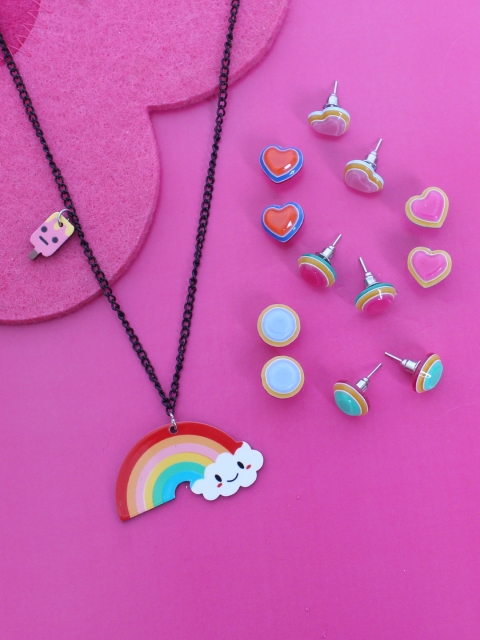 

lil' star Girls Set of Rainbow Cloud Pendant With Chain & 6 pairs of Earrings, Multi