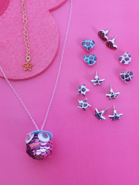 

lil' star Girls Set of Owl Pendant Necklace and 6 Pairs of Earrings, Pink