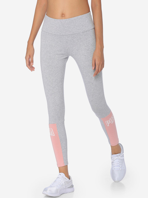 

Puma Women Grey Melange & Pink Colourblocked Athletics 7 8 Tights