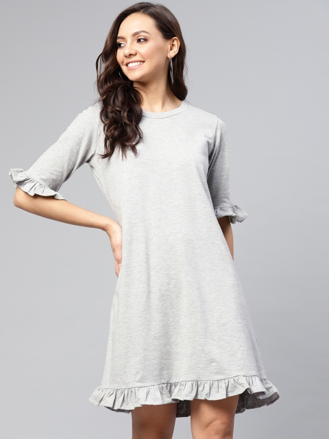 

Femella Women Grey Melange Solid Ruffle Detail A-Line Dress