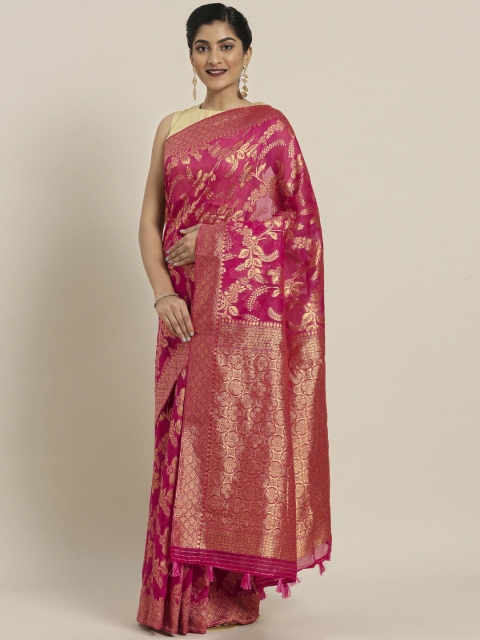 

Pisara Pink & Gold-Toned Silk Cotton Woven Design Banarasi Saree