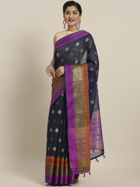 

Pisara Navy Blue & Pink Silk Blend Woven Design Chanderi Saree