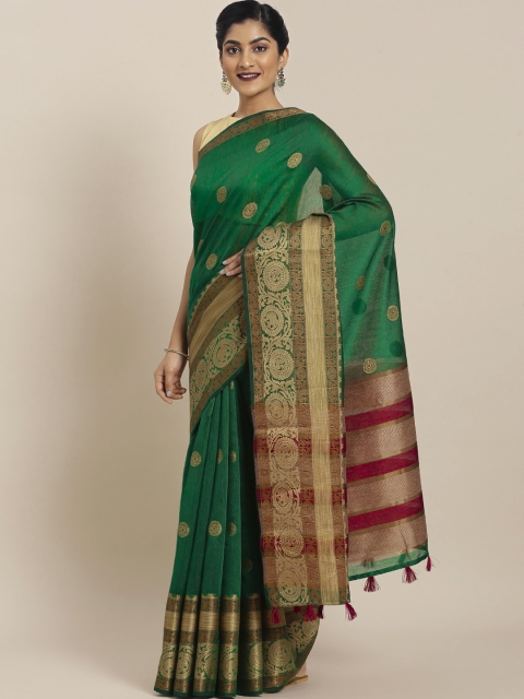

Pisara Green & Gold-Toned Silk Blend Woven Design Chanderi Saree