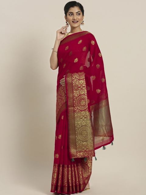

Pisara Red Silk Blend Woven Design Chanderi Saree