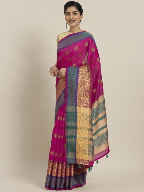 

Pisara Pink & Green Silk Blend Woven Design Chanderi Saree
