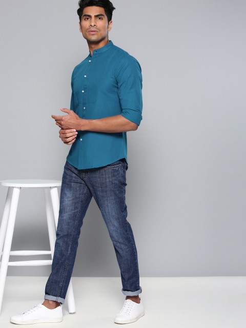 

Dennis Lingo Men Teal Blue Modern Slim Fit Solid Casual Shirt