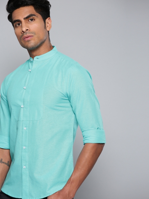 

Dennis Lingo Men Turquoise Blue Modern Slim Fit Solid Casual Shirt