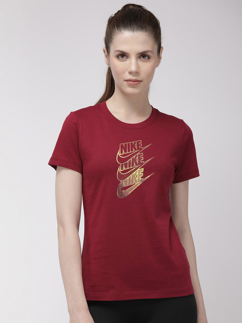 

Nike Women Red Printed AS W NSW TEE STMT SHINE Standard Fit Pure Cotton T-shirt