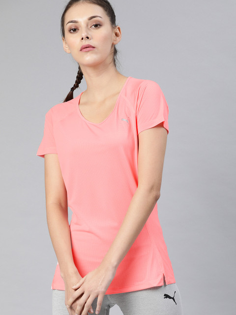 

Puma Women Coral Peach Self-Design Core-Run T-shirt