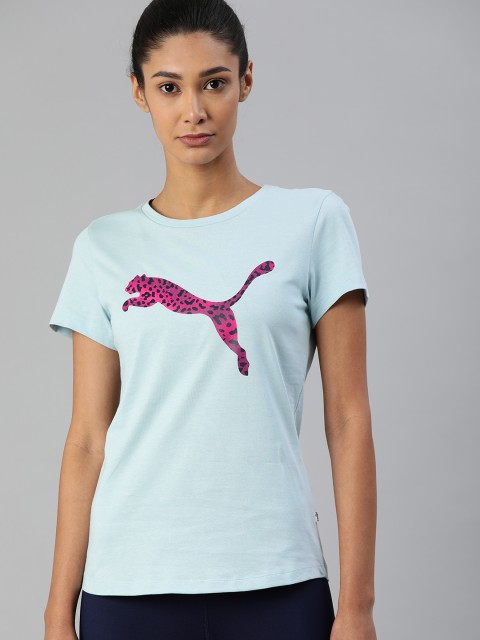 

Puma Women Blue & Pink Brand Logo Graphic Print Pure Cotton T-shirt