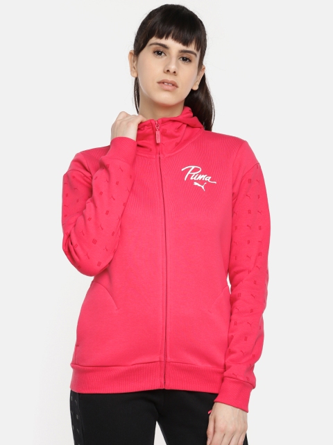 

Puma Women Coral Pink Logo Aop Pack Solid Hooded Sporty Jacket